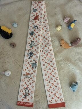 Monogram Cat Print Silk Twilly - Cream & Orange